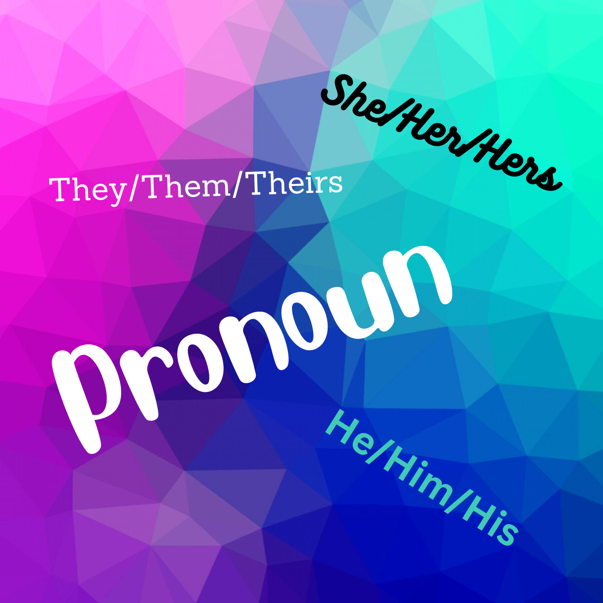 Multi colored back ground with words "Pronoun" "She/her/hers" "They/them/theirs" "He/him/his"