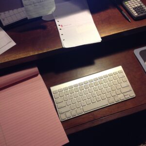 desk with keyboard